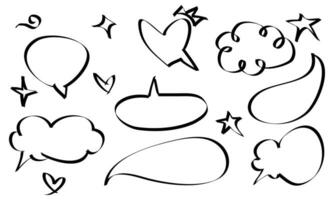 Hand drawn speech bubbles sketch elements on set. doodle style. isolated on white background. vector illustration