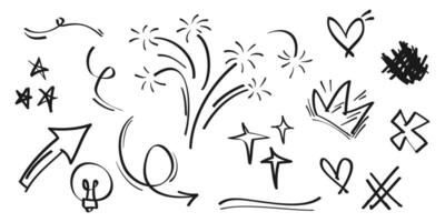 Hand drawn set of doodle emphasis design elements. Crown, love, arrow. curly swishes, swoops, swirl, arrow, heart, star, sparkle, firework. used for infographic concept design vector