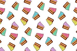 Slice of Cake Vector Seamless Pattern. Vibrant Color Sweet Pieces of Cake on White Background. Doodle Illustration for Wrapping Paper, Fabric, or Textile