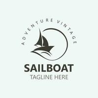 Sailboat vintage logo minimalist with wave, travel yacth or sailing boat vector design