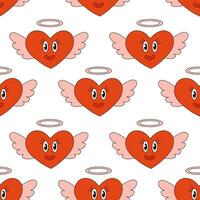 Seamless Pattern with Angel Heart Character for Valentine Day. Mascot in groovy and Y2k style. Vector cartoon illustration.