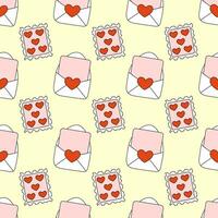 Seamless Pattern with Envelope and post stamp. Valentine Day background. Vector illustration. Love postmark with hearts. 14 February.