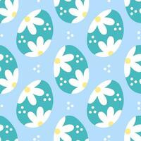 Pattern seamless with blue Easter eggs and flowers chamomiles. Happy Easter holiday background. Spring pattern design for postcard, wrapping paper, textile, wallpaper. vector