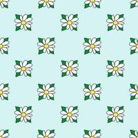 Seamless pattern with white flower and leaves. Daisy blossom. Chamomile. Spring and summer floral background. Design for wallpaper, wrapping paper, background, fabric. Vector flat illustration.