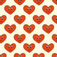 Seamless Pattern with Heart Red Character Smile for Valentine Day. Mascot in groovy and Y2k style. Vector cartoon illustration.