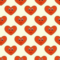 Seamless Pattern with Heart Red Character Smile for Valentine Day. Mascot in groovy and Y2k style. Vector cartoon illustration.