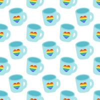 Seamless Pattern with LGBT Cute Cup with rainbow heart. LGBTQ background. Symbol of the LGBT pride community. Flat vector illustration.