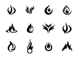 Fire flames, set vector icons black and white of set fire icon