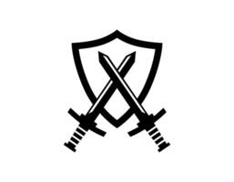 Swords and shield icon with black. Minimal luxury symbol of weapon or battle. Vector illustration of sword with protection concept.