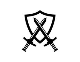 Swords and shield icon with black. Minimal luxury symbol of weapon or battle. Vector illustration of sword with protection concept.