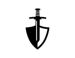 Single sword and shield emblem with black. Minimal luxury symbol of weapon or battle. Vector illustration of sword with protection concept.