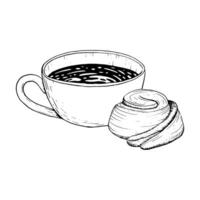 Coffee cup with cappuccino and cinnamon roll bun vector graphic ink illustration sketch for menus, invitations.