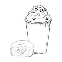 Bitten donut and milkshake with whipped cream and chocolate chips vector black and white graphic illustration. Cold summer drink and sweet delicious dessert