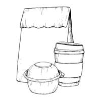 Coffee to go cup, takeaway donut container and paper craft bag vector black and white illustration for breakfast and coffee break