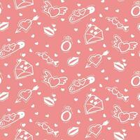 Romantic seamless pattern with outline elements related to Valentines day. Vector isolated white elements on pink background. Trendy print design for textile, wallpaper, interior decoration