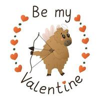 Comical flat hand drawn capybara with love lettering. St Valentines day typographic concept. Cute flat animal character with wings and bow. Isolated sticker on white background vector