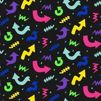 90s style neon colored vintage seamless pattern on black background. Different type of direction signs, hand drawn arrows, stars and abstract drawing. Good for social media graphics, background vector