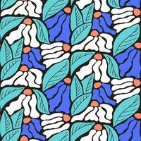 Bold colored abstract floral seamless pattern on black background. Flat hand drawn cut out flowers, leaves in bright colors. Unique retro print design for textile, wallpaper, interior, wrapping paper vector