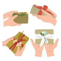 Set of hands with modern gifts on holiday. Four pare of hands giving gifts.  Ideal for sticker, printout, pattern vector