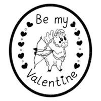 Grunge typographic oval sticker with capybara. Fun flat animal character with bow and arow and lettering. St Valentines day concept. Isolated composition on white background vector