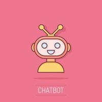 lindo icono de robot chatbot en estilo cómico. pictograma de ilustración de dibujos animados de vector de operador de bot. efecto de salpicadura de concepto de negocio de personaje de chatbot inteligente.