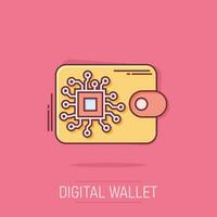 Digital wallet icon in comic style. Crypto bag vector cartoon illustration pictogram. Online finance, e-commerce business concept splash effect.