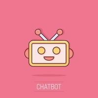 Cute robot chatbot icon in comic style. Bot operator vector cartoon illustration pictogram. Smart chatbot character business concept splash effect.