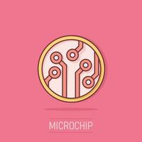 Circuit board icon in comic style. Technology microchip vector cartoon illustration pictogram. Processor motherboard business concept splash effect.