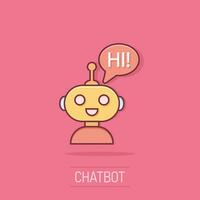 Cute robot chatbot icon in comic style. Bot operator vector cartoon illustration pictogram. Smart chatbot character business concept splash effect.