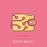 Digital wallet icon in comic style. Crypto bag vector cartoon illustration pictogram. Online finance, e-commerce business concept splash effect.