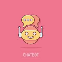 Cute robot chatbot icon in comic style. Bot operator vector cartoon illustration pictogram. Smart chatbot character business concept splash effect.