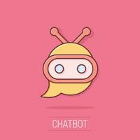 lindo icono de robot chatbot en estilo cómico. pictograma de ilustración de dibujos animados de vector de operador de bot. efecto de salpicadura de concepto de negocio de personaje de chatbot inteligente.