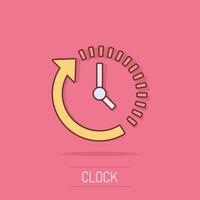 Clock countdown icon in comic style. Time chronometer vector cartoon illustration pictogram. Clock business concept splash effect.