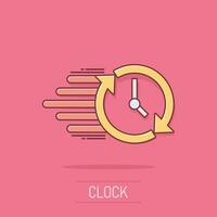 icono de cuenta regresiva del reloj en estilo cómico. pictograma de ilustración de dibujos animados de vector de cronómetro de tiempo. efecto de salpicadura de concepto de negocio de reloj.