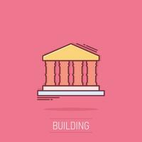 icono de edificio de banco en estilo cómico. Pictograma de ilustración de dibujos animados de vector de arquitectura de gobierno. efecto de salpicadura del concepto de negocio exterior del museo.