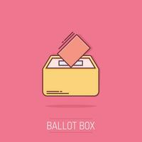 icono de caja de votantes electorales en estilo cómico. pictograma de ilustración de dibujos animados de vector de sugerencia de boleta. efecto de salpicadura de concepto de negocio de voto electoral.