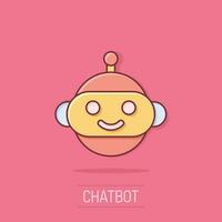 Cute robot chatbot icon in comic style. Bot operator vector cartoon illustration pictogram. Smart chatbot character business concept splash effect.