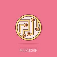 Circuit board icon in comic style. Technology microchip vector cartoon illustration pictogram. Processor motherboard business concept splash effect.