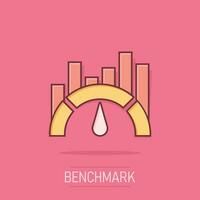 Benchmark measure icon in comic style. Dashboard rating vector cartoon illustration on white isolated background. Progress service business concept splash effect.