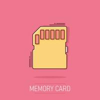 icono de tarjeta micro sd en estilo cómico. ilustración de dibujos animados de vector de chip de memoria sobre fondo blanco aislado. efecto de salpicadura de concepto de negocio de adaptador de almacenamiento.