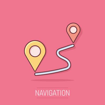 Distance pin icon in comic style. Gps navigation vector cartoon illustration on white isolated background. Communication travel business concept splash effect.