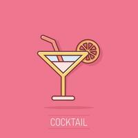 icono de cóctel de alcohol en estilo cómico. beber vidrio vector ilustración de dibujos animados sobre fondo blanco aislado. efecto de salpicadura del concepto de negocio líquido martini.