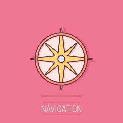 Global navigation icon in comic style. Compass gps vector cartoon illustration on white isolated background. Location discovery business concept splash effect.
