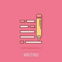 Pencil notepad icon in comic style. Document write vector cartoon illustration on white isolated background. Pen drawing business concept splash effect.