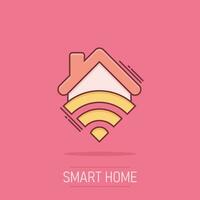 Smart home icon in comic style. House control vector cartoon illustration pictogram. Smart home business concept splash effect.