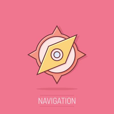 Global navigation icon in comic style. Compass gps vector cartoon illustration on white isolated background. Location discovery business concept splash effect.