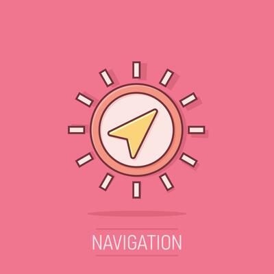 Global navigation icon in comic style. Compass gps vector cartoon illustration on white isolated background. Location discovery business concept splash effect.