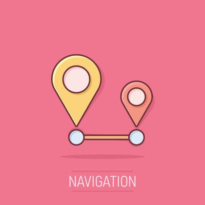 Distance pin icon in comic style. Gps navigation vector cartoon illustration on white isolated background. Communication travel business concept splash effect.