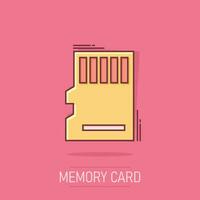 icono de tarjeta micro sd en estilo cómico. ilustración de dibujos animados de vector de chip de memoria sobre fondo blanco aislado. efecto de salpicadura de concepto de negocio de adaptador de almacenamiento.