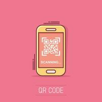 Qr code scan phone icon in comic style. Scanner in smartphone vector cartoon illustration on white isolated background. Barcode business concept splash effect.
